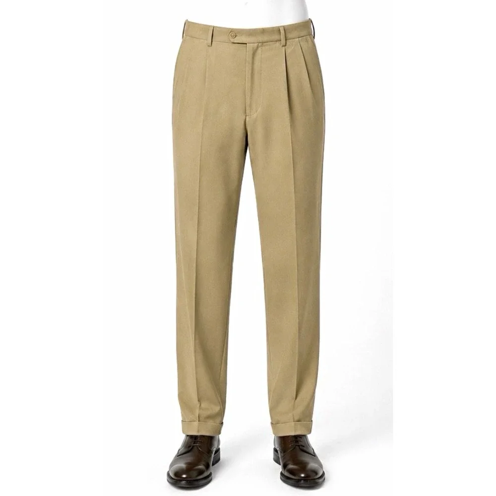 Savane Men's Beige Pleated Dress Pants 36W Tapered Cuffed Twill Pockets